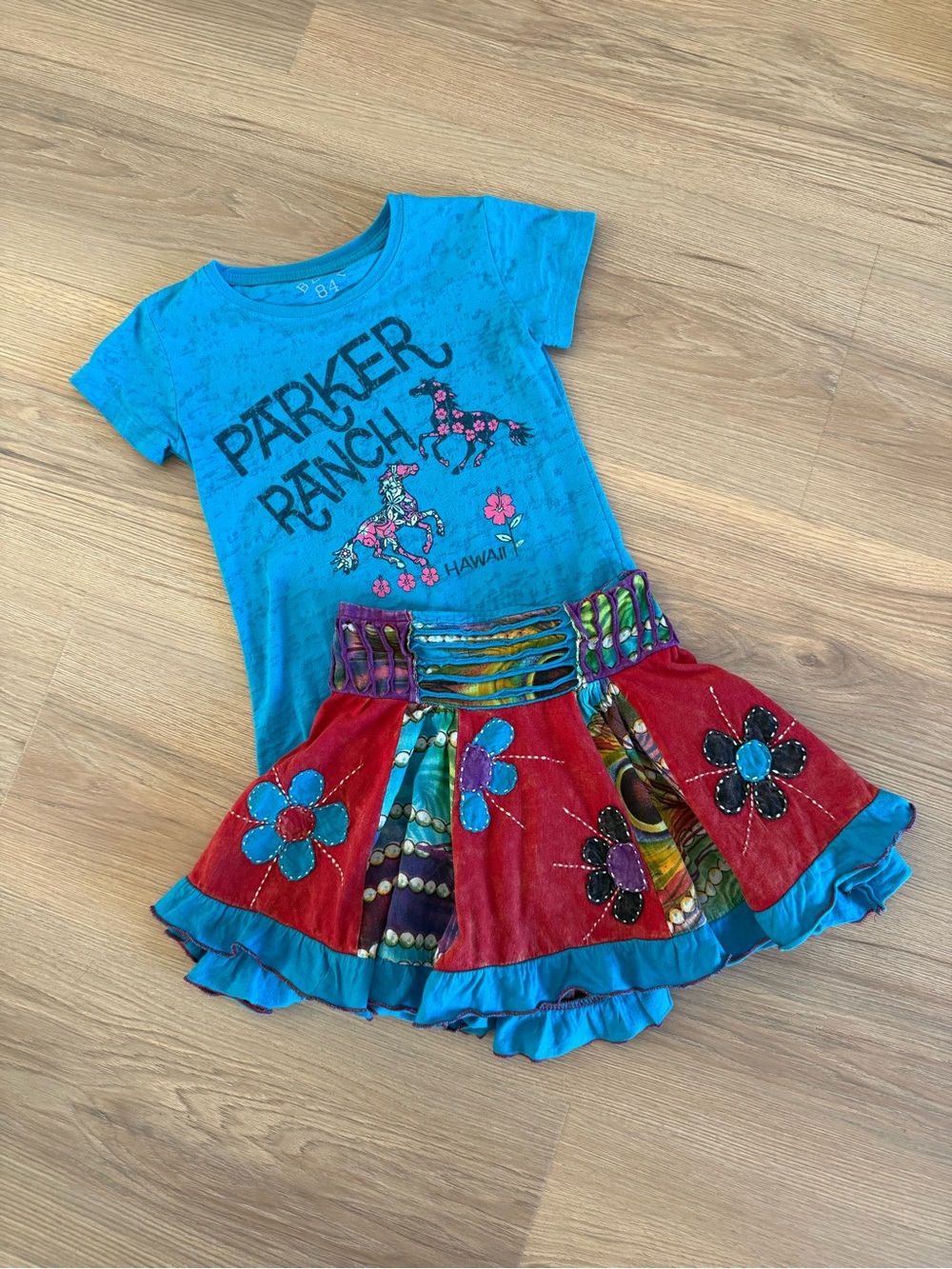 Rising International Red Patchwork Floral Skirt with Parker Ranch Tee- Girls 4